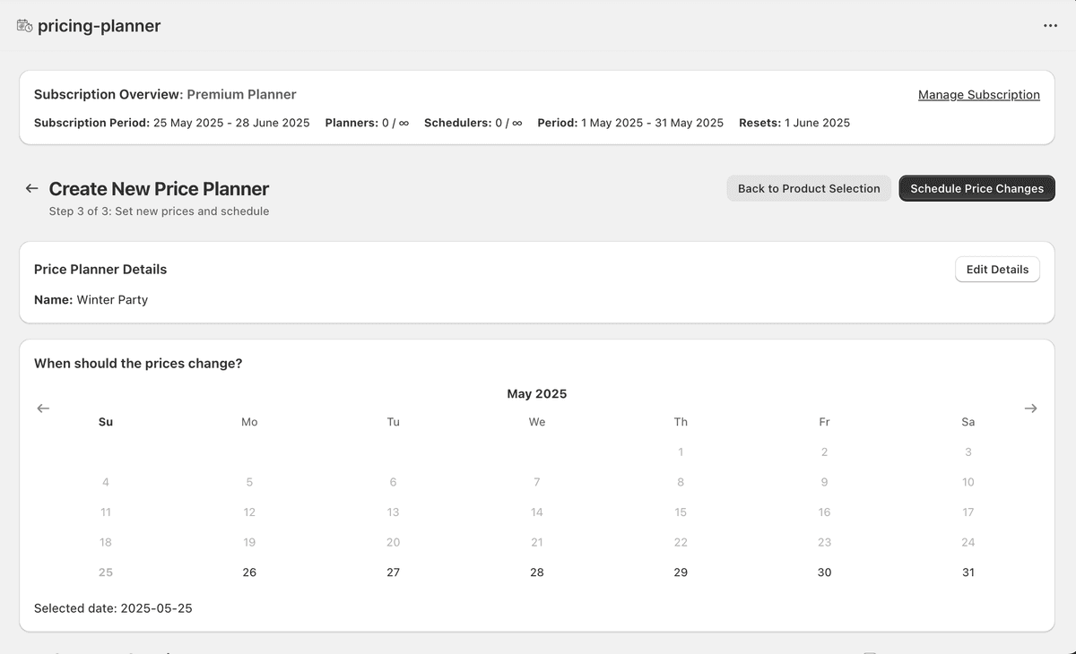 PricePlanner Date Picker