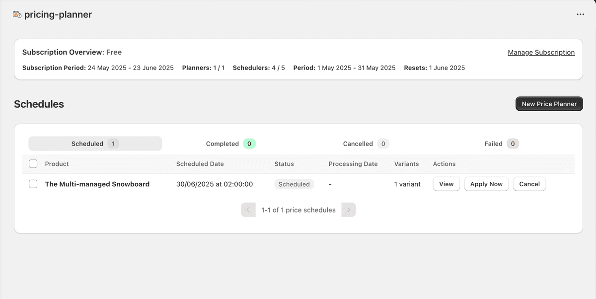 PricePlanner Schedules List